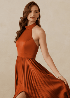 Christian Siriano Bridal for Azazie 1007 Bridesmaid Dresses Burnt Orange A-Line Pleated Stretch Satin Dress image2