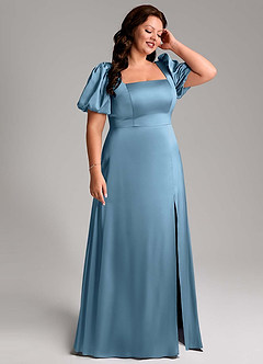 Azazie Fyona Vestidos de damas de honor Vestido de Azul Acero de Satén Elástico de Corte en A con Plisado image13