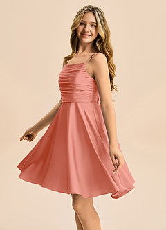 Azazie Miko Junior A라인 주름진 스트레치 새틴 미니 주니어 신부 들러리 드레스 image7