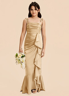 Azazie Ryan Junior Vestido de Oro de Satén Elástico de Corte Recto con Lazo image1