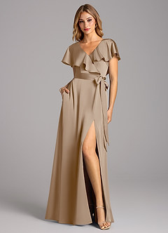 Azazie Lainey Robes de demoiselle d'honneur Robe Trapèze en Satin extensible avec poches Taupe image3