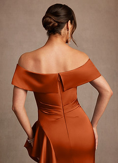 Azazie Kirsty Mother of the Bride Dresses Burnt Orange Sheath Off the Shoulder Stretch Satin Dress image6