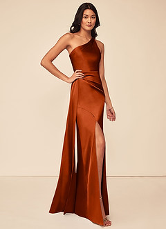 Azazie Maron Bridesmaid Dresses Paprika A-Line One Shoulder Stretch Satin Dress image3
