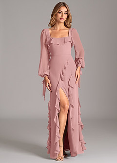 Azazie Candice 신부 들러리 드레스 A라인 긴팔 쉬폰 바닥 길이 드레스 image4