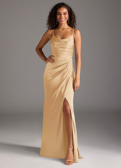 Azazie Deandra Bridesmaid Dresses Gold Mermaid Pleated Stretch Satin Dress image6