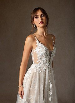 Azazie Monda Hochzeitskleider A-Linie Spitze Tüll Kleid Diamantweiß Nude image7