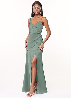 Azazie Maci Bridesmaid Dresses Silver Sage A-Line V-Neck Pleated Stretch Satin Dress image3