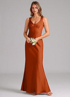 Azazie Kamila Bridesmaid Dresses Burnt Orange A-Line Pleated Stretch Satin Dress image4