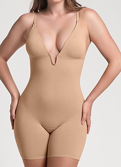 front Dyb V-hals bodystocking med lav ryg og shapewear