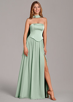 Azazie Cadence Robes de demoiselle d'honneur Robe Trapèze Convertible en Satin extensible Corset Agave image1