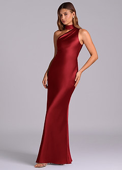 Azazie Seona Vestidos de madrinha de casamento Vestido Escarlate de Cetim elástico de sereia com Ombro Único image6