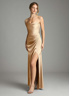 Azazie Leonis Bridesmaid Dresses Champagne Mermaid Pleated Stretch Satin Convertible Dress image1