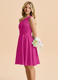 Azazie Charlize Junior Fuchsia A-Line Pleated Stretch Satin Dress image3