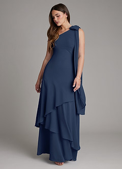 Azazie Monique Vestidos de damas de honor Vestido Azul Marino Oscuro de Gasa de Línea A con Un hombro image6