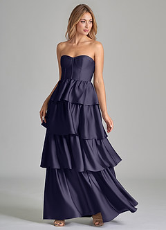 Azazie Faye Robes de demoiselle d'honneur Robe Trapèze en Satin extensible Rayé Bleu Orageux image6