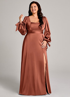 Azazie Leonia Bridesmaid Dresses Clay A-Line Long Sleeve Stretch Satin Dress image10