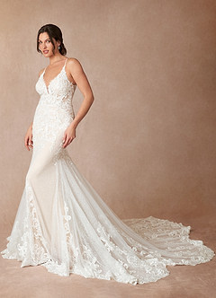 Azazie Selene Robes de mariée Robe Sirène en Dentelle Col en V Diamant Blanc Champagne image2