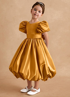 Azazie Jellybean Sukienki dla dziewczynek sypiących kwiaty Suknia balowa Marszczony Matowy satynowy Długość herbaty Sukienka image4