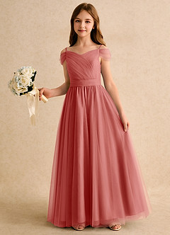 Azazie Yuna Junior Formal Blumenmädchenkleider A-Linie Schulterfrei Tüll Kleid Antike Rose image5