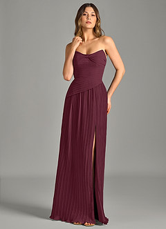 Azazie Becka 신부 들러리 드레스 A라인 스트랩리스 쉬폰 바닥 길이 드레스 image1