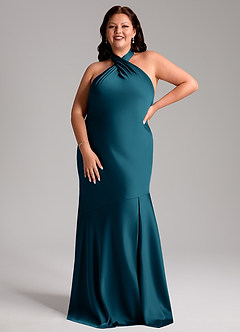 Azazie Lorena Bridesmaid Dresses Ink Blue Mermaid Pleated Stretch Satin Dress image7