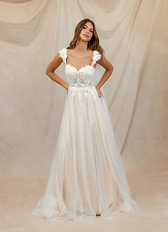 Azazie Katia At-home Try On Dresses Diamond White Champagne A-Line Lace Tulle Dress image1