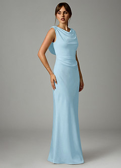 Azazie Kieryn Vestidos de damas de honor Vestido de Azul Cielo de Satén Elástico de Corte Sirena con Plisado image4