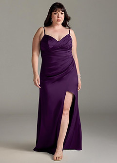 Azazie Yola Bridesmaid Dresses Grape Sheath V-Neck Pleated Stretch Satin Convertible Dress image9