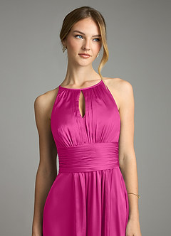 Azazie Bonnie Bridesmaid Dresses Fuchsia A-Line Pleated Stretch Satin Dress image2