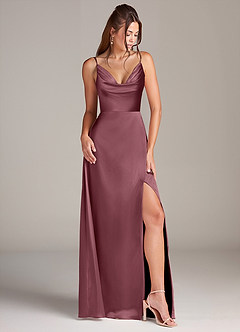 Azazie Sarella Robes de demoiselle d'honneur Robe Trapèze en Satin extensible Plissé Rose Du Désert image3