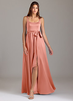 Azazie Elliott Bridesmaid Dresses Coral A-Line with Pockets Stretch Satin Dress image5