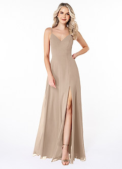Azazie Lena Bridesmaid Dresses Taupe A-Line Lace Chiffon Dress image1
