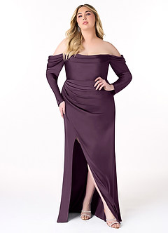Azazie Hallie Brudtärnklänningar Klänning av Tubklänning i Stretch Satin Off-The-Soulder långärmad Plommon Konvertibel image9