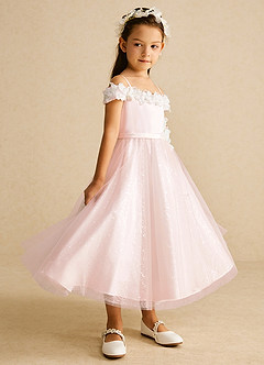 Azazie Patsie Flower Girl Dresses Blushing Pink A-Line Off the Shoulder Tulle Dress image2