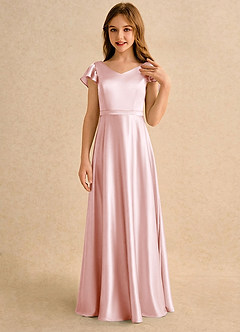 Azazie Nari Girls Formal Sukienki dla dziewczynek sypiących kwiaty Linia A z rękawami Satyna elastyczna Długość podłogi Sukienka image5