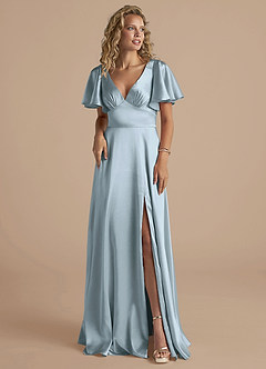 Azazie Kimber Bridesmaid Dresses Dusty Blue A-Line Ruched Metallic Satin Dress image5