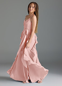 Azazie Peyton Junior Powder Pink A-Line V-Neck Cascading Ruffles Chiffon Dress image4