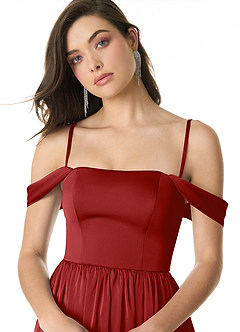 Azazie Morana Bridesmaid Dresses Pomegranate A-Line Off the Shoulder Stretch Satin Convertible Dress image6