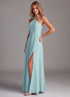 Azazie Bailey Bridesmaid Dresses Sea Glass A-Line Halter Side Slit Chiffon Dress image3