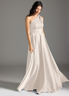 Azazie Charlize Bridesmaid Dresses White Alabaster A-Line One Shoulder Stretch Satin Dress image12