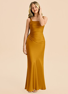 Azazie Agustina Junior Butterscotch Sheath Pleated Stretch Satin Dress image3