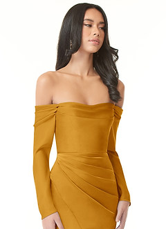 Azazie Hallie Bridesmaid Dresses Butterscotch Sheath Off-The-Shoulder Long Sleeve Stretch Satin Convertible Dress image1