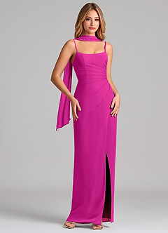 Azazie Calandra Robes de demoiselle d'honneur Robe Fourreau en Mousseline de soie Plissée Fuchsia image1