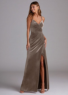 Azazie Maci Bridesmaid Dresses Silver Taupe Sheath Pleated Velvet Dress image1