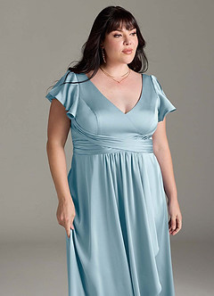 Azazie Omari Vestidos de damas de honor Vestido de Azul Malhumorado de Satén Elástico de Corte en A image13