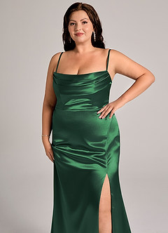 Azazie Saige Bridesmaid Dresses Dark Green Sheath Off the Shoulder Metallic Satin Convertible Dress image15