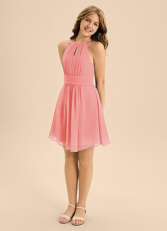 Azazie Bonnie Junior Coral A-Line Pleated Chiffon Dress image4