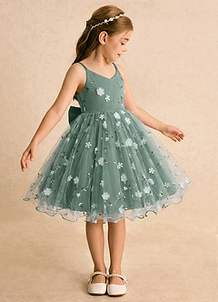 Azazie Junebug Flower Girl Dresses Eucalyptus Ball-Gown Spaghetti Strap Tulle Dress image4