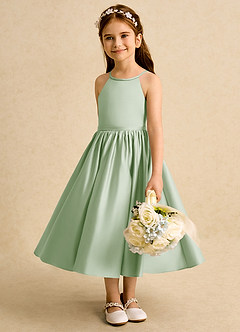 Azazie Indi Flower Girl Dresses Dusty Sage A-Line Bow Matte Satin Dress image4
