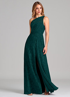 Azazie Phaedra Bridesmaid Dresses Pine A-Line One Shoulder Floral Burnout Dress image3